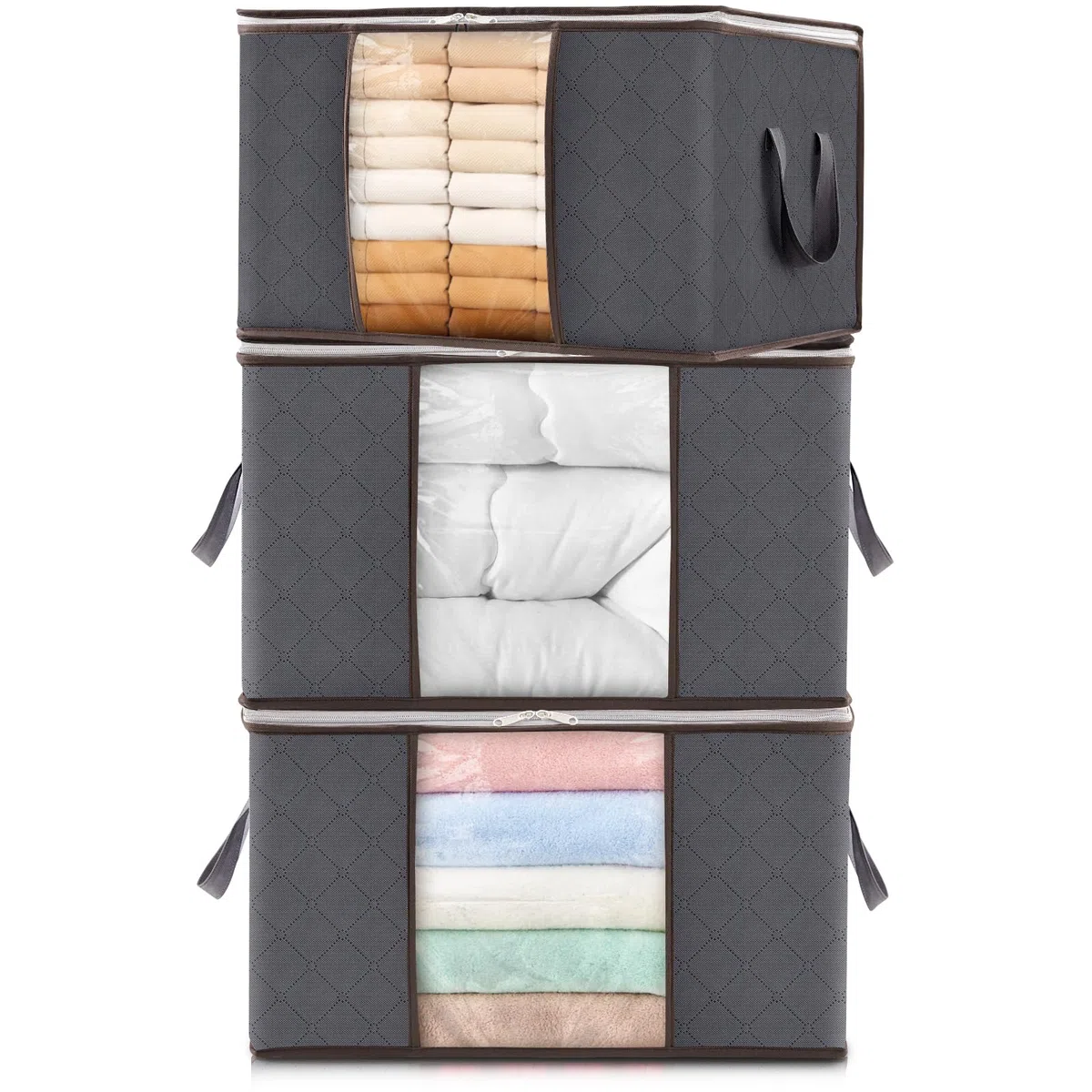 Lifewit Bolsa Almacenaje Ropa, Cajas Almacenaje Plegable, Organizador Armario, Cajas Mudanza, Bolsas con Asa Reforzada para Guardar Ropa, Mantas, Edredones, Gris, 65L, 3 Piezas