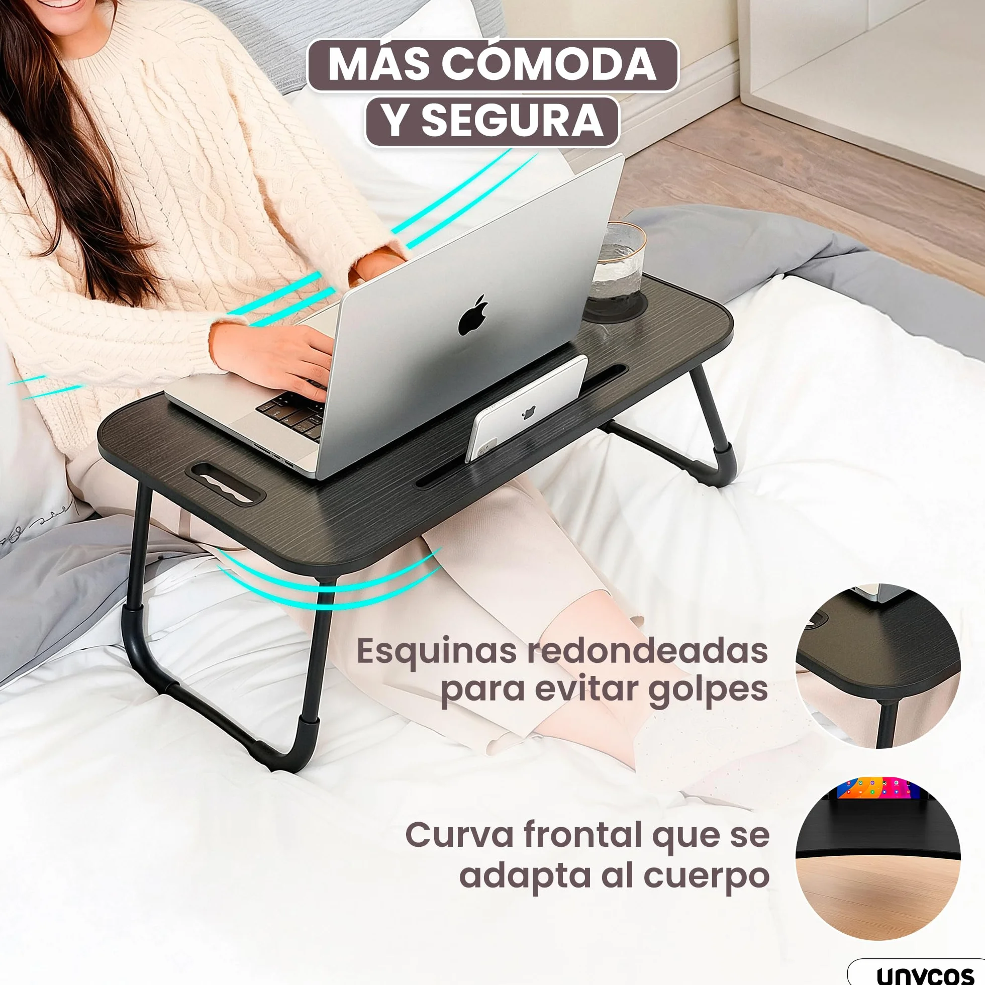 unycos - Bandeja para Cama, Mesa Plegable de Desayuno, Multiusos, Ideal para Portátil, Ordenador y Libros, Ergonómica, Mesa Auxiliar con Atril para Leer en la Cama 60x40x26 cm (Negro/Gris sin Cajón)