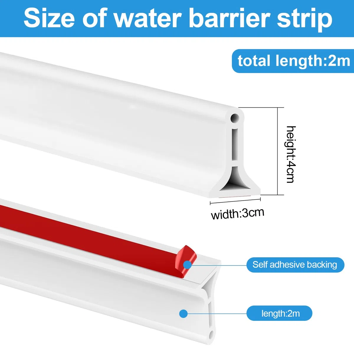 2M Barrera Agua Ducha, Barrera de Agua para Ducha Flexible y Cortable, Borde Plato Ducha Autoadhesivo, Perfil Silicona Duchapara Cocina Baño Separación en Seco y Húmedo (Blanco)