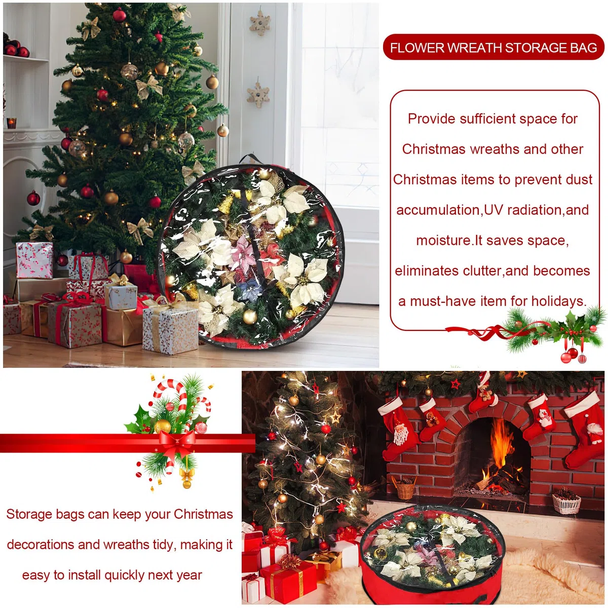 Bolsa Corona Navidad, Bolsa de Almacenamiento de Guirnaldas de Navidad, Estuches de Guirnaldas de Navidad para Corona de Adviento, Adornos Navideños, Bolas Navideñas 24 pulgadas