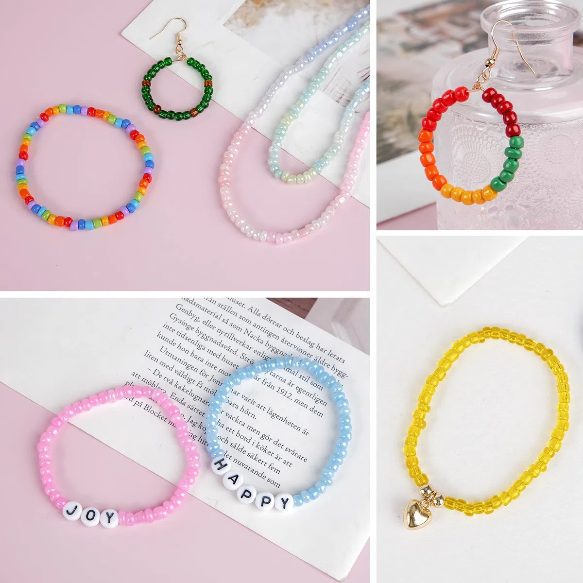 HOLDLEAF 4mm Abalorios para Hacer Pulseras，Cuentas para Pulseras con 300 Piezas Abalorios Letras，Kit Bolitas para Hacer Pulseras Cuentas para Cumpleaños, Festivales, Fiestas