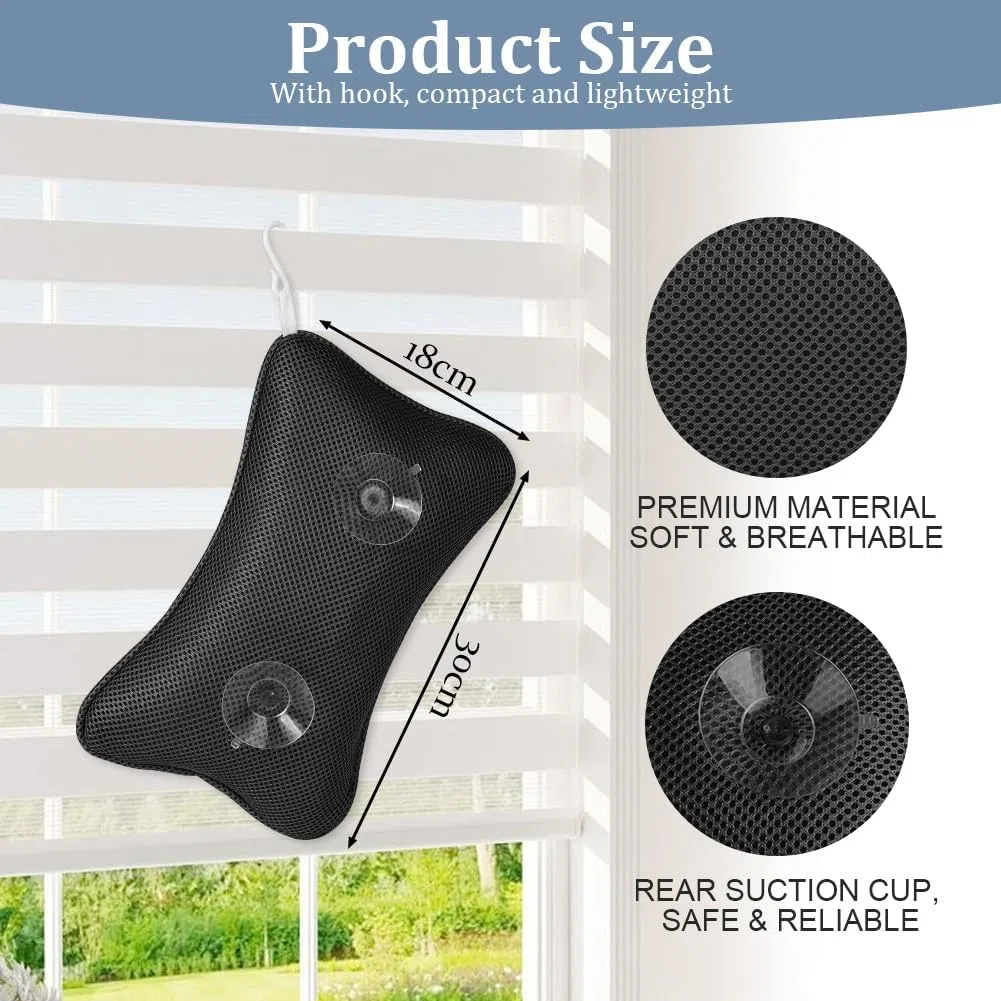 Flintronic Almohada de Baño, Almohada Bañera con 2 Ventosas Antideslizantes y Bolsas de Lavandería, Reposacabezas Ergonómico, Puede Soportar Cabeza Cuello Espalda, para SPA en Casa en Hotel Negro