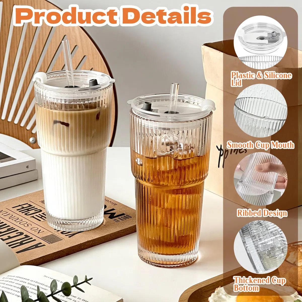 2 vasos de cristal acanalados con tapa, 600 ml