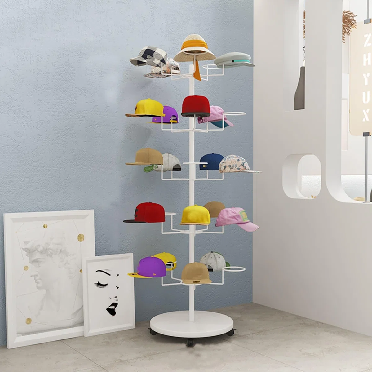 Expositor de Sombreros, Estante de Almacenamiento de Sombreros de 4, 5, 6 y 7 Niveles, Torre de exhibición de Gorras de Metal Independiente con Ruedas giratoria,White-5