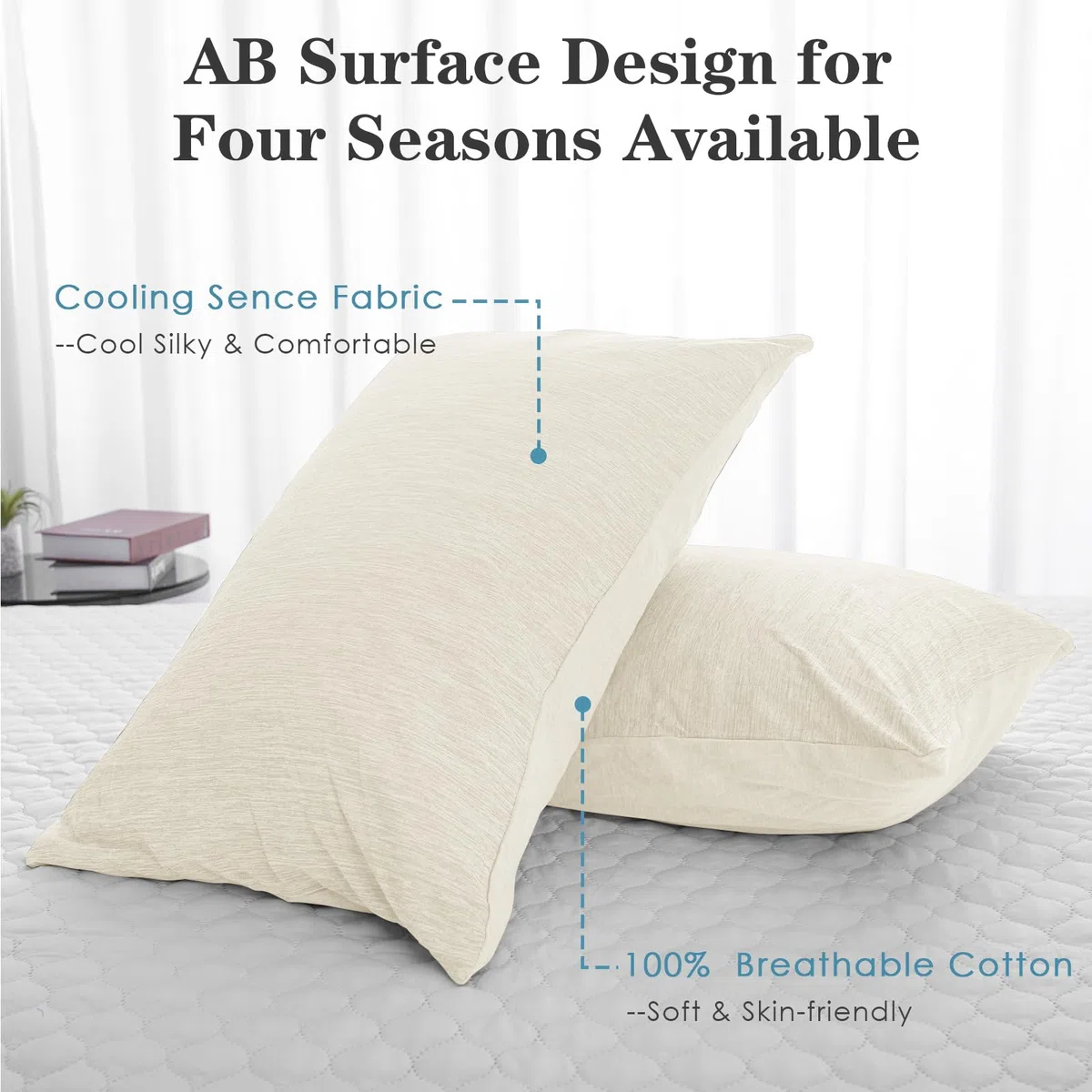Funda de Almohada Reversible Refrescante con Cremallera, Q-MAX 0,45 Protección Almohada Sudores Nocturnos y Sofocos, Pack de 2, Beige, 50x90cm