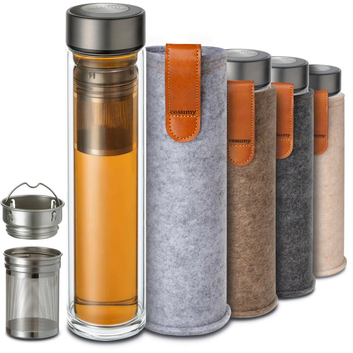 Cosumy Botella de Té con Infusor 500 ml - Vidrio de Doble Pared con Funda de Fieltro - Resistente al calor - A Prueba de Fugas - Apta para Lavavajillas (Gris)