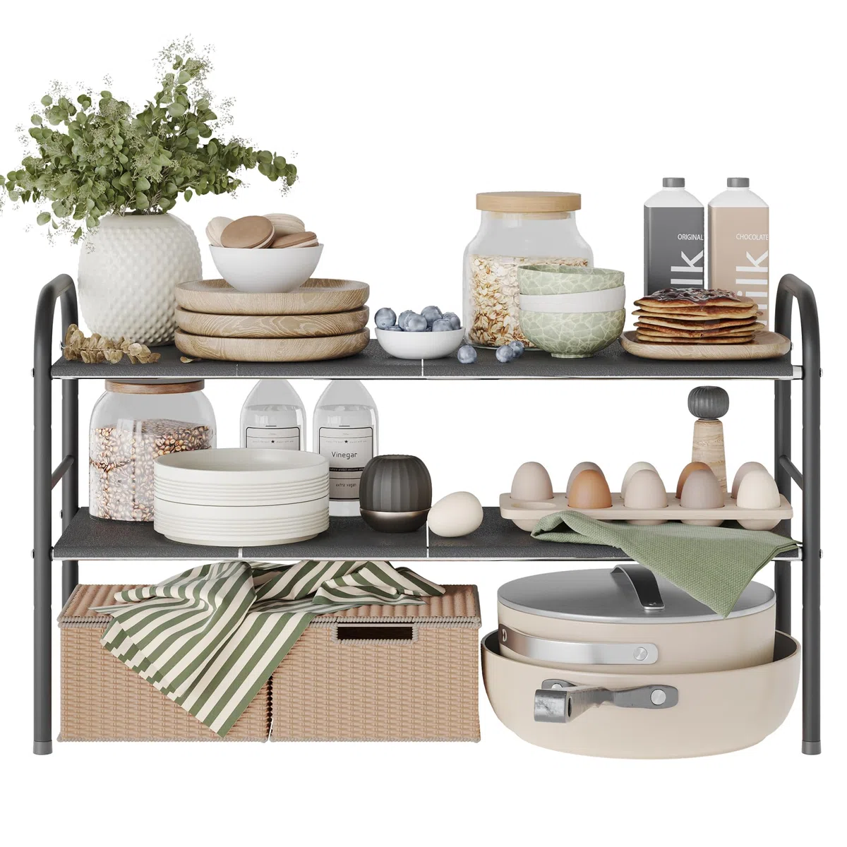 NETEL Organizador de armario inferior, estantería de cocina ajustable con 8 placas móviles, ancho extensible (52,5 – 82 cm)