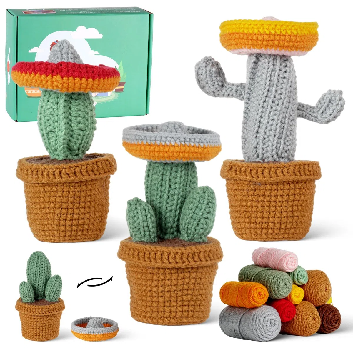 JasCherry Kit de crochet, kit de animales para principiantes adultos, regalo de crochet DIY con video instructivo paso a paso, hilo suave, manualidades de tejido - Cactus