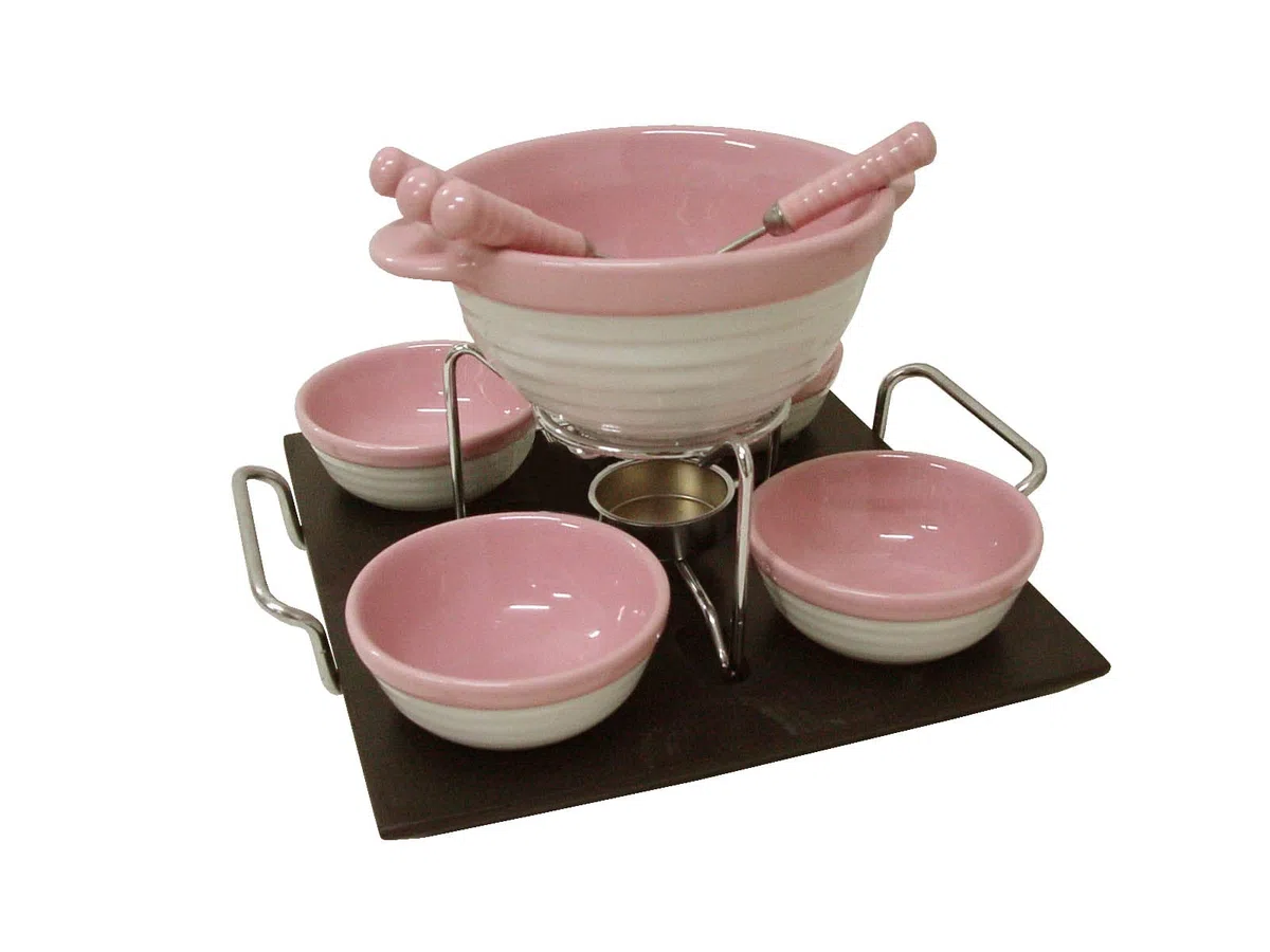Desconocido Fondue Porcelana Chocolate Queso Carne Base 4 Cuencos Redonda Rosa 400ML + 70ML
