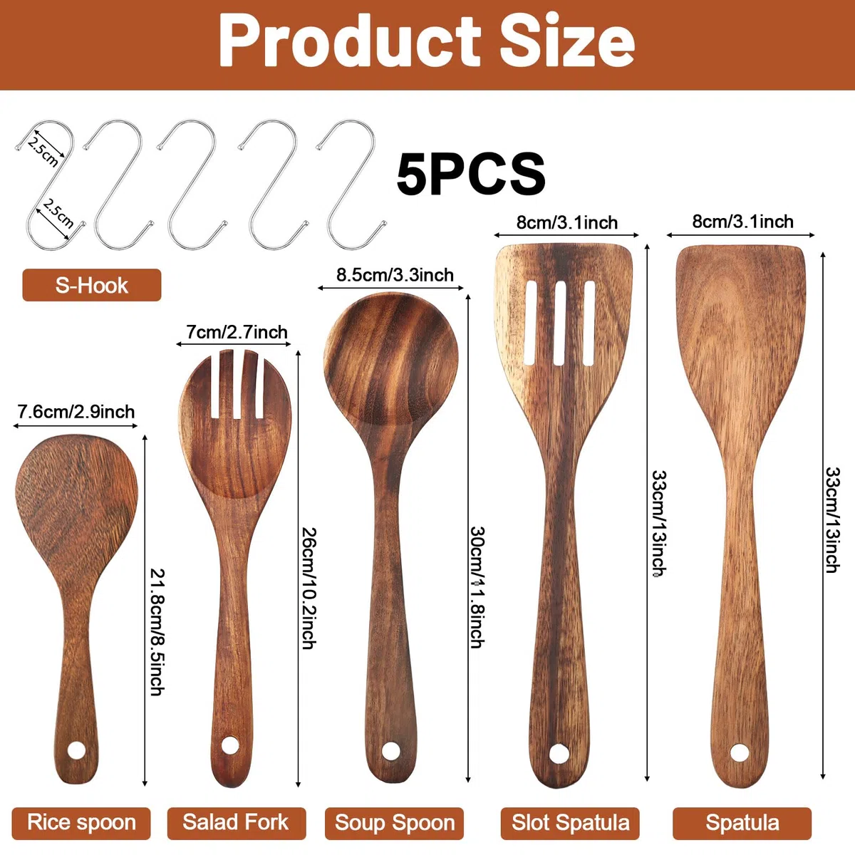 Juego Utensilios de Cocina Madera Acacia 5 Piezas con Espátula Cucharón Cuchara para Arroz Tenedor de Ensalada Compatible con Sartenes Antiadherentes incluye 5 Ganchos para Cocina Hogar