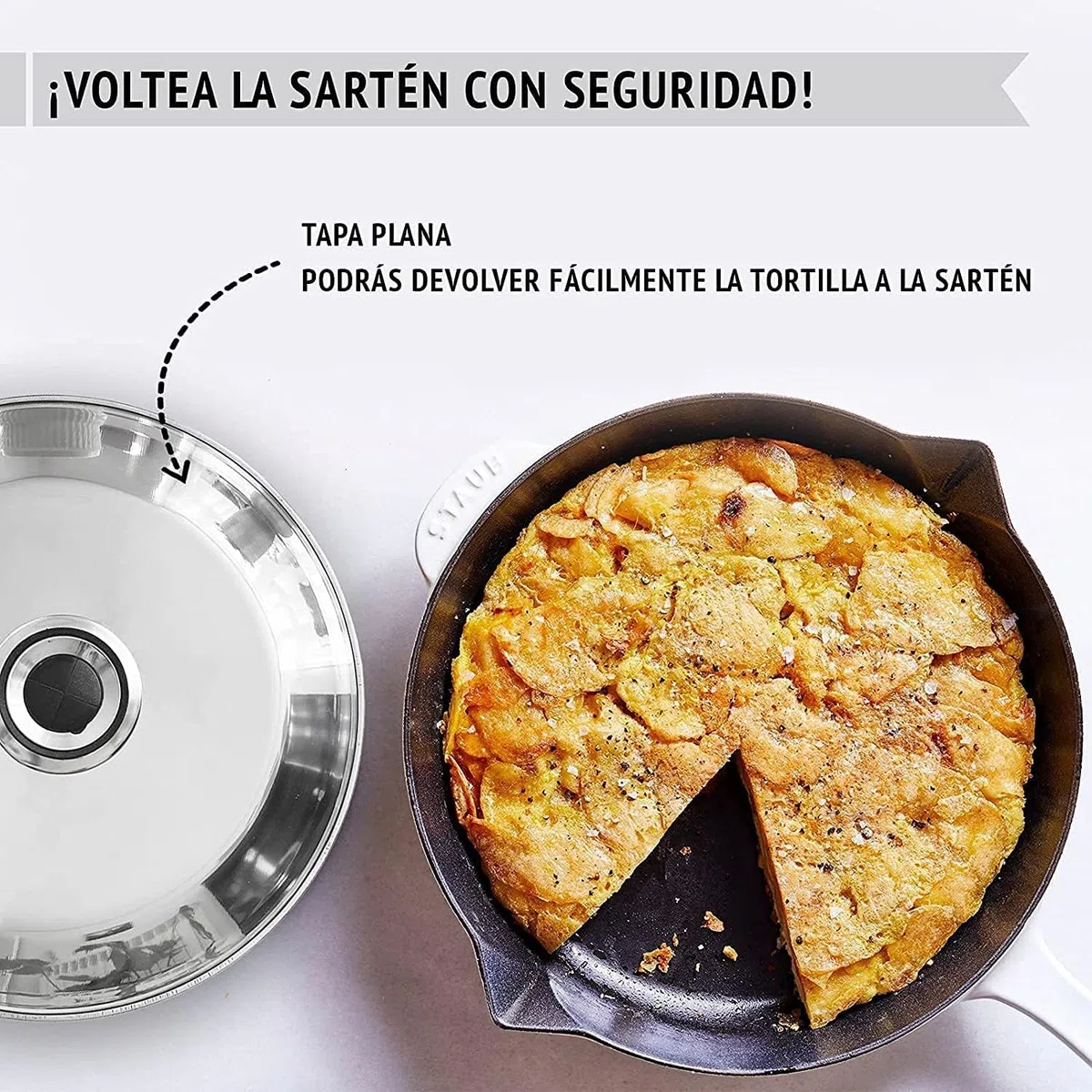 Tapa volteatortillas de acero inoxidable, tapa para sartén o para tortillas, ideal para dar la vuelta a tortillas, tapadera cocina de acero inoxidable, tapa para ollas o para tapar platos (30 CM)
