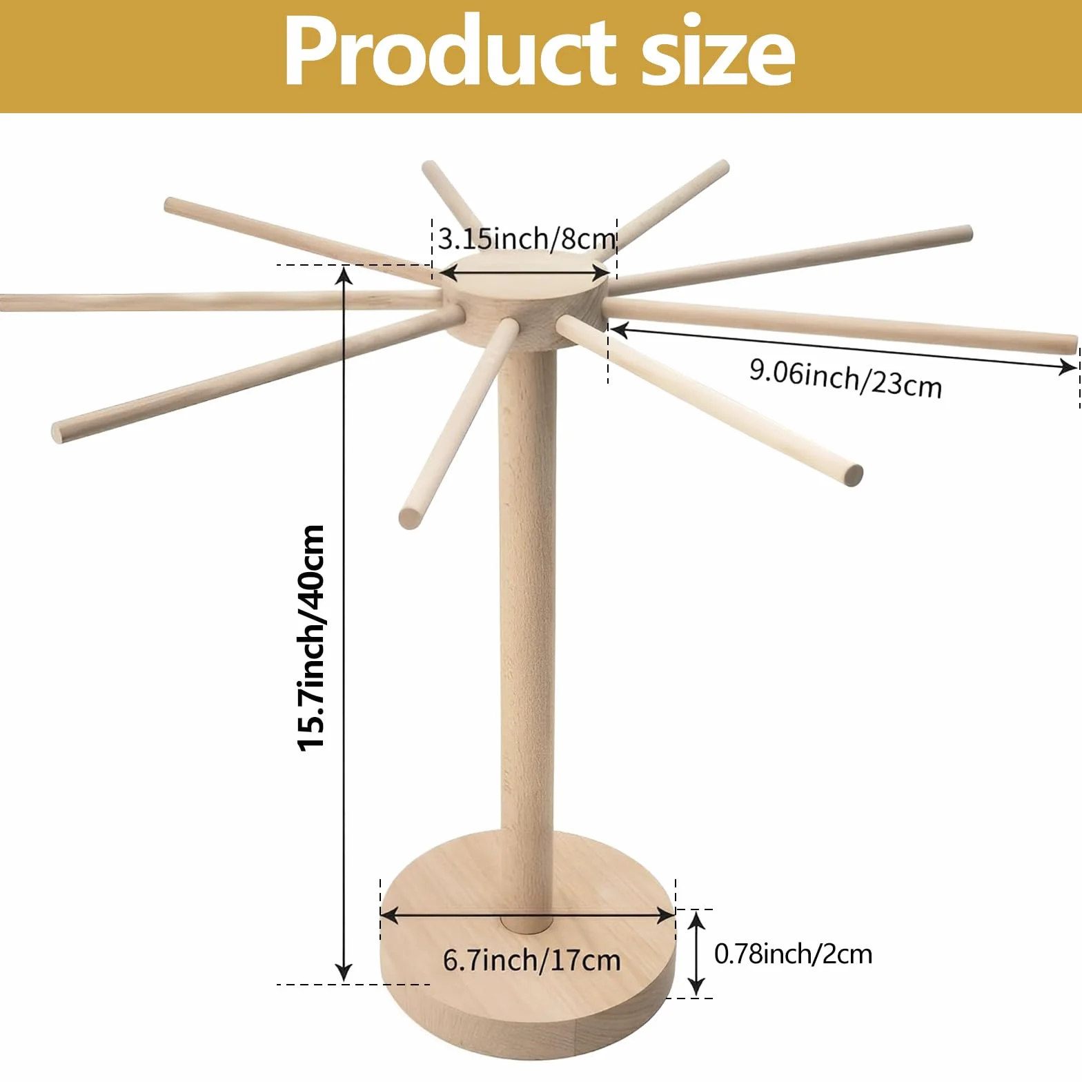 Secador de pasta de madera, 46 cm x 40 cm, para hasta 4,5 kg, con 9 brazos extraíbles, reutilizable, para pasta y fideos (A)