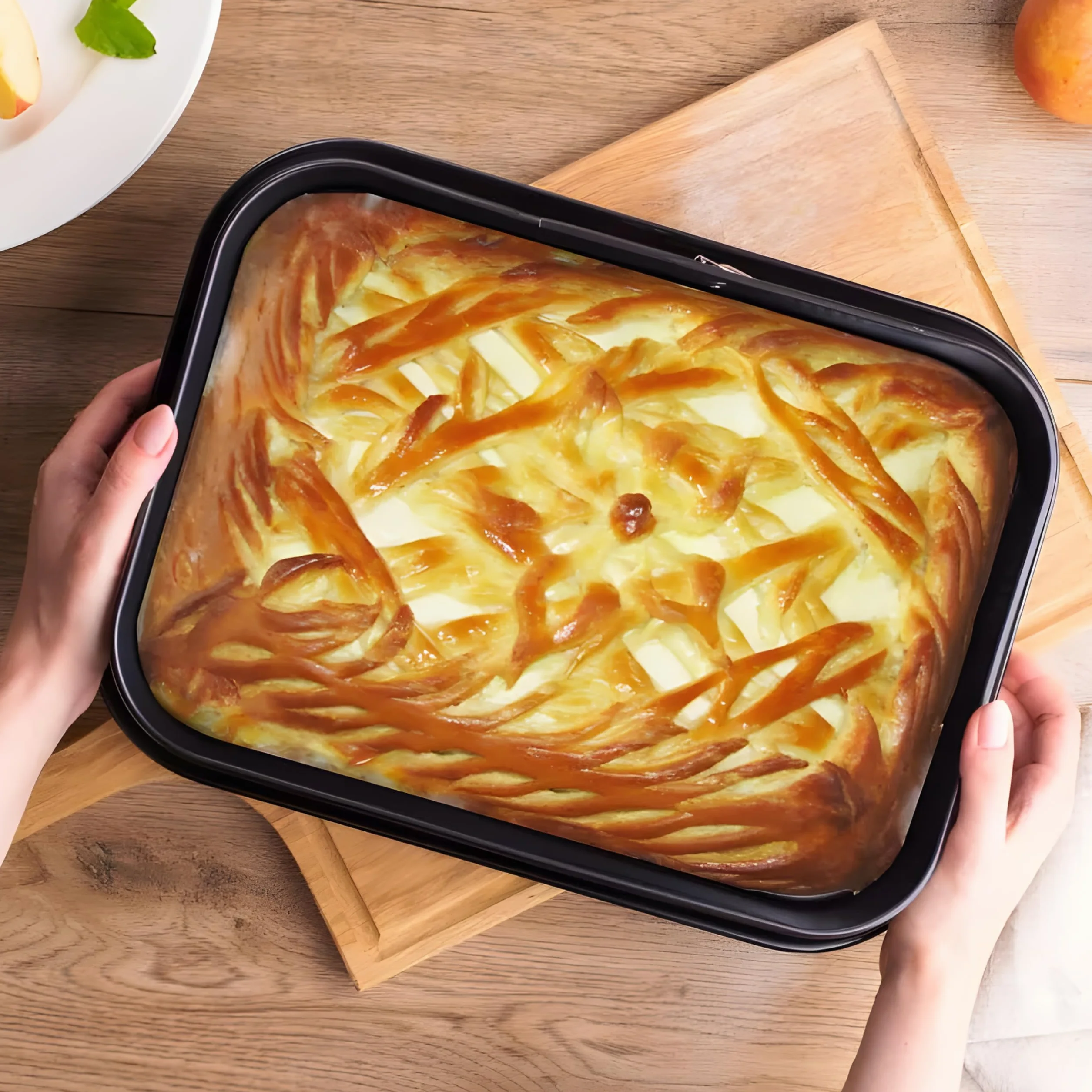 Retoo Molde rectangular de 35,5 x 24 cm, con protección antiderrames, revestimiento antiadherente, base extraíble, acero al carbono, molde para tartas, helados y postres, color negro