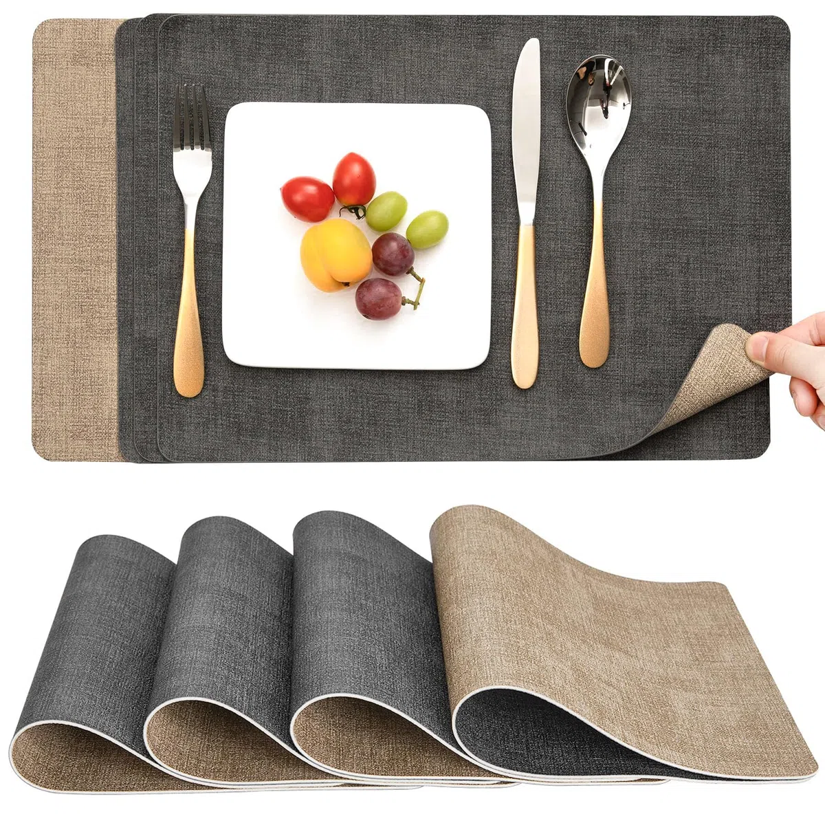 Myir JUN Manteles Individuales Plastico, Salvamanteles Individuales Antimanchas Lavables de Cuero, Antideslizantes Ipermeable Facil de Limpiar Mantel Individual (Juego de 4, Gris/Beige)