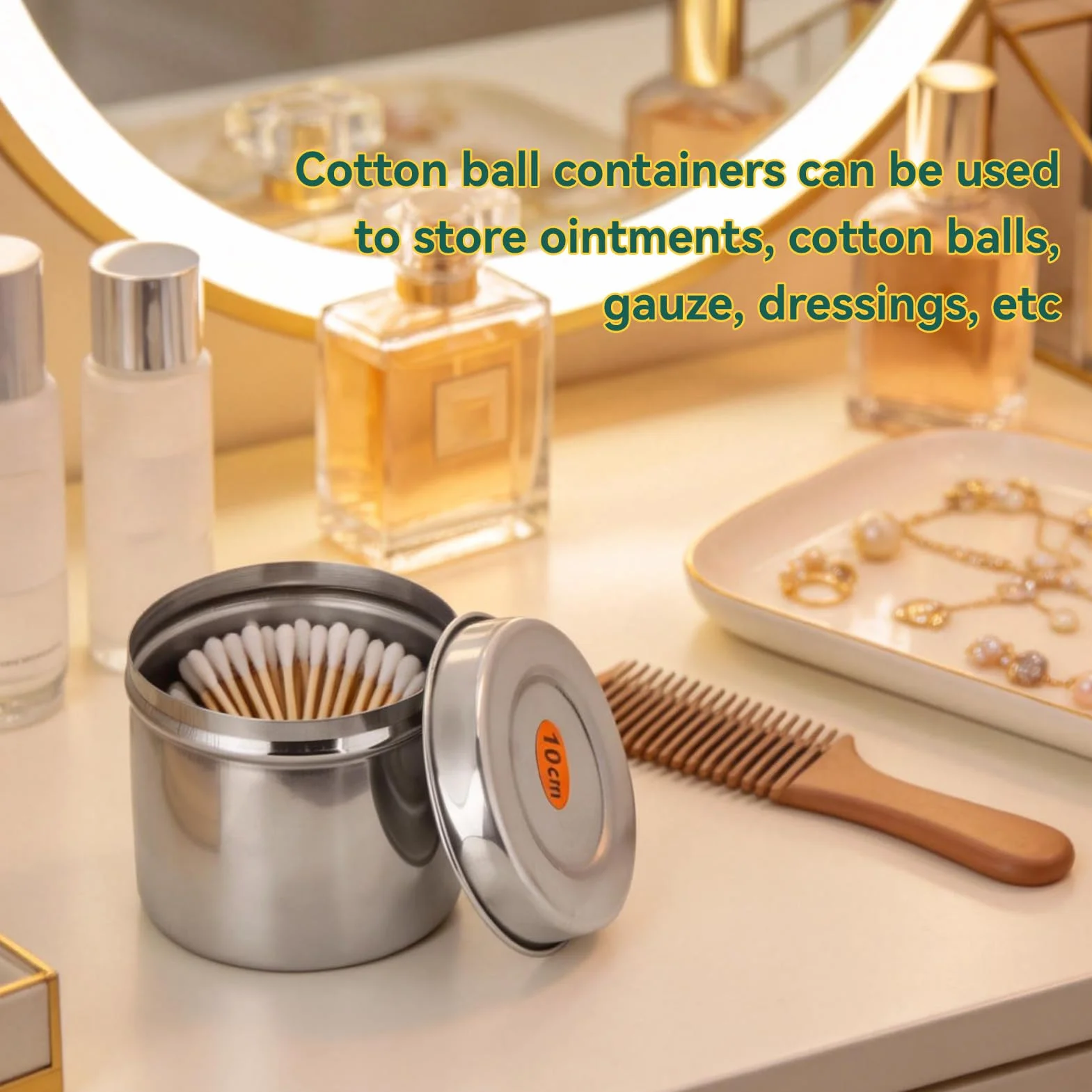 Organizador de almacenamiento para encimera de tocador de baño, caja contenedora de tarro de caja de acero inoxidable con tapa, vaso de bola de algodón para tarro de bote para bastoncillos de algodón