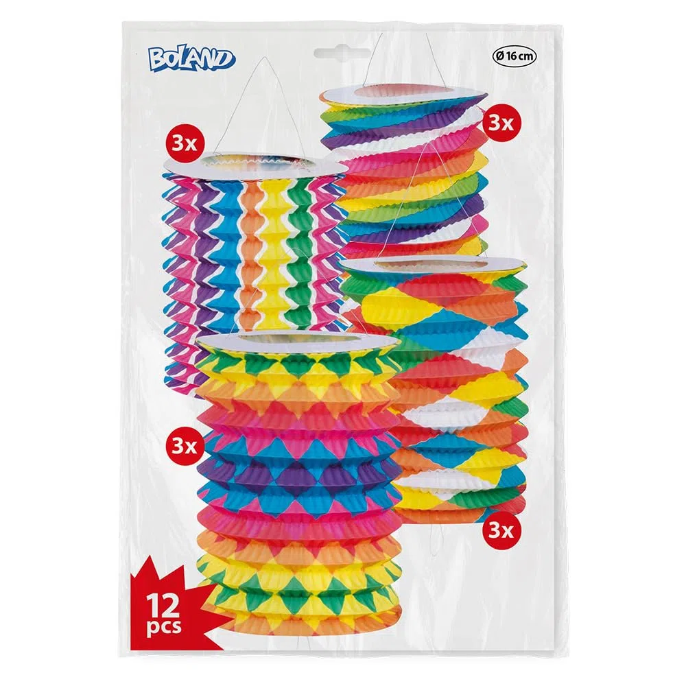 Boland 42034 - Farolillos de Papel (12 Unidades, tamaño 16 cm, 4 diseños Surtidos), Multicolor