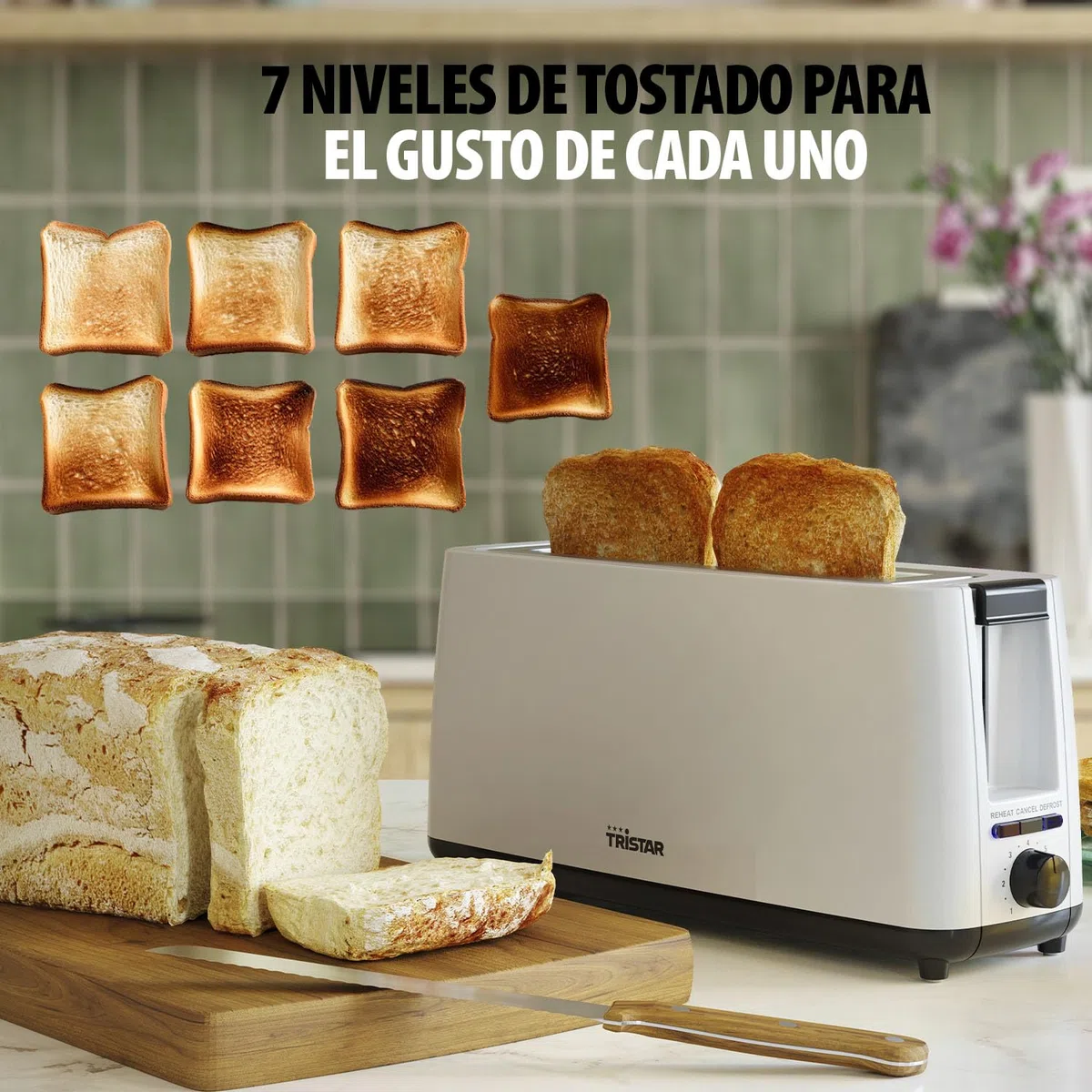 Tristar Tostadora de una ranura larga, 7 niveles de tostado, función recalentar, función descongelar, función elevar, función centrar, función cancelar, blanco, BR-1056