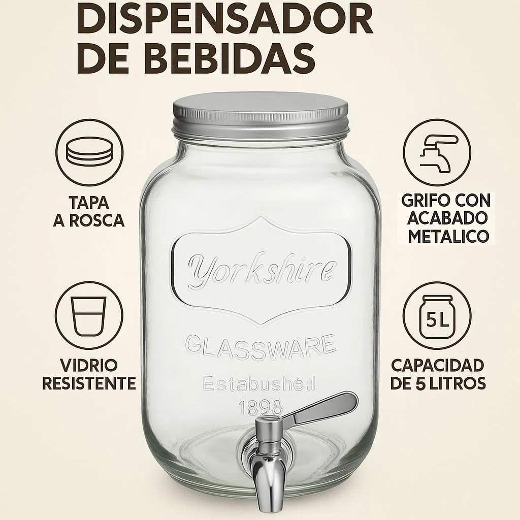 Dispensador de Bebidas de Vidrio 5L con Grifo, Refrigerador Hermético, Ideal para Jugo, Cócteles, BBQ, Fiestas, Piscinas y Eventos al Aire Libre