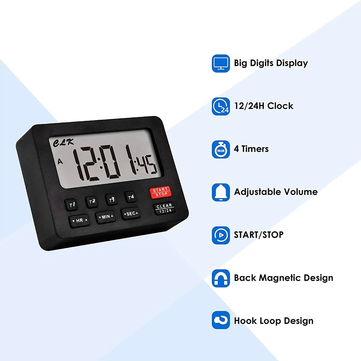Runleader - Temporizador Digital de Cocina con 4 Canales de Seguimiento, Cuenta Regresiva y cronómetro, Reloj de 12/24 Horas, Bucle magnético para Cocina, Comedor, Sala de Aperitivos(Negro)