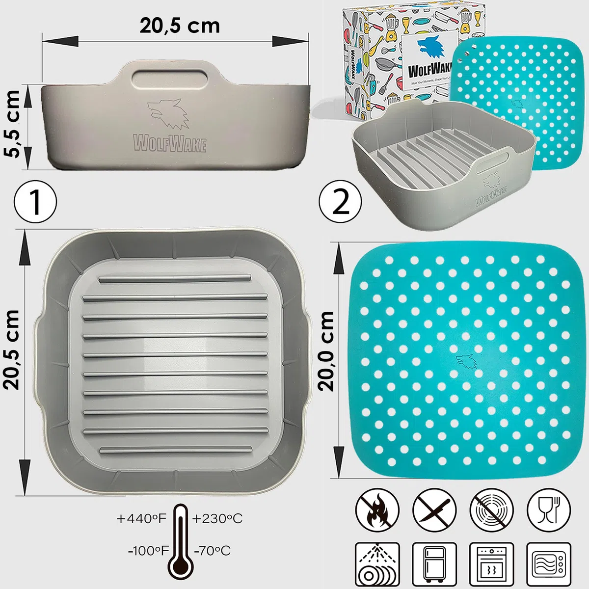 20CM Molde Silicona Freidora de Aire con Alfombrilla Perforada - Accesorios Air Fryer compatible Cecotec 5/5.5/6L, Cosori 4.7/5/5.5/6/6.2L, Moulinex 5L, Philips 6.2L, Horno y Microondas
