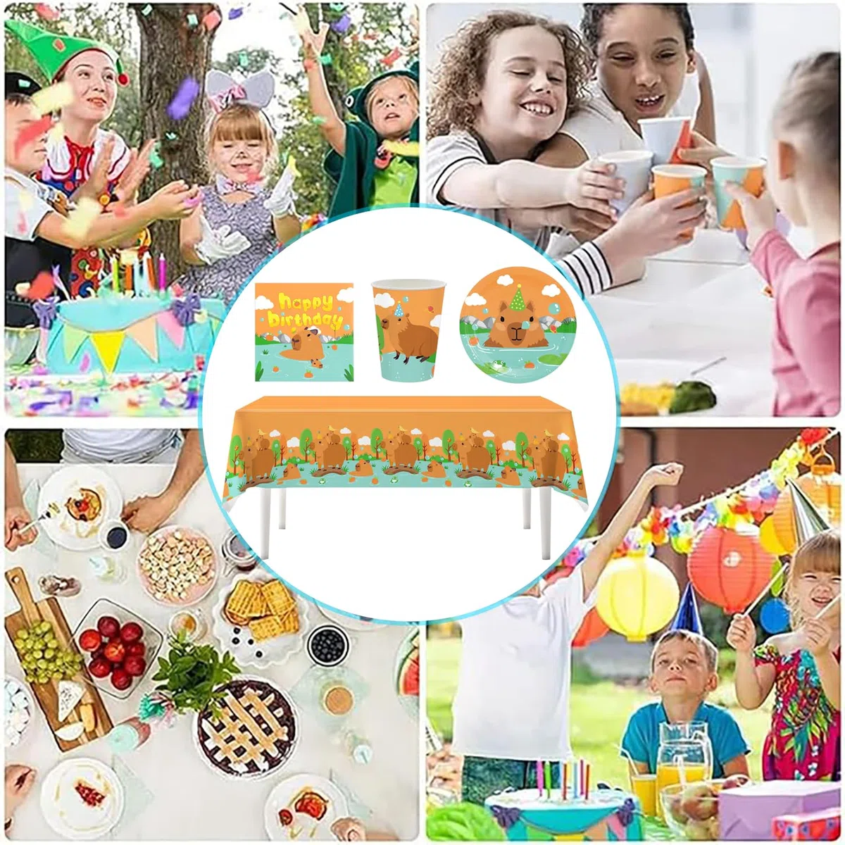 61 Piezas Capybara Party Tableware, fiesta temática Capybara, juego de vajilla incluye platos, tazas, servilletas, manteles, adecuado para baby shower, fiesta de cumpleaños (20 personas)