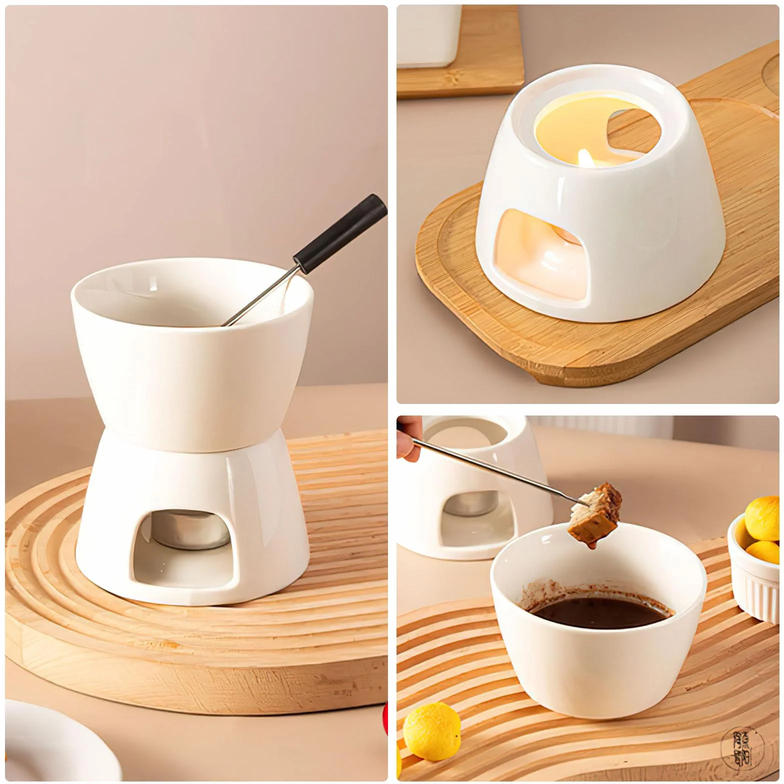 BRISKORE Juego de fondue de cerámica para fondue de chocolate, fondue de chocolate, cuenco de cerámica con portavelas y 4 tenedores, juego de fondue de chocolate para chocolate, queso, fondue, cenas