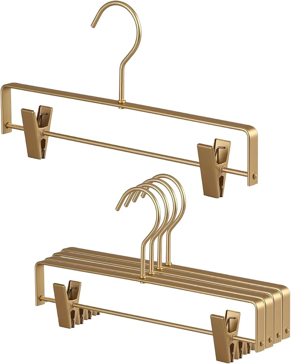 5 perchas para pantalones, perchas de aleación de aluminio, 30 cm, metal dorado, con pinzas antideslizantes para abrigos, ropa, perchas para pantalones
