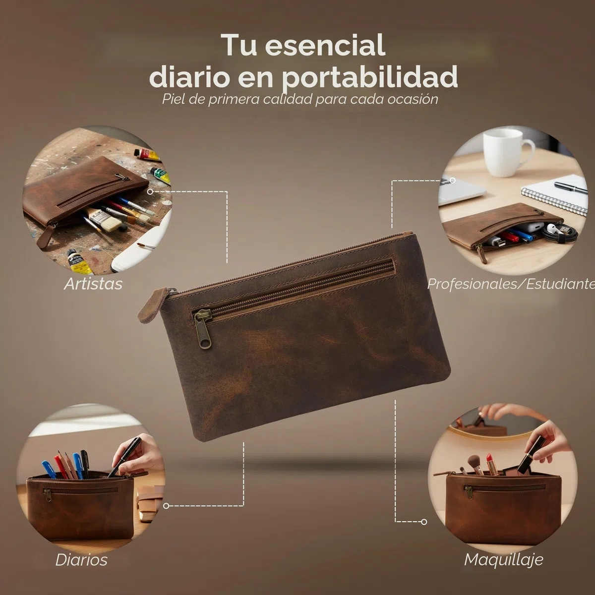WANDERINGS Estuche de Lapices de Cuero Vintage - 9"x5.5" / 23 x 14 cm - Estuche de Cuero Marron Hecho a Mano con Cierre - Funda Delgada para Lapices, Hombres y Mujeres - Bolsa para Lapices