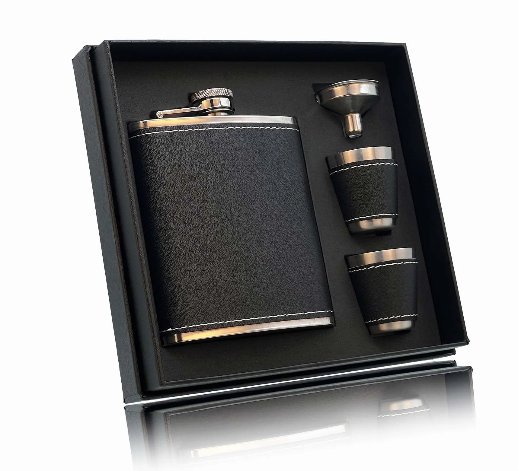 RUIXUE Petacas de alcohol de bolsillo para licores y whisky, 7oz / 200ml, Petaca de acero inoxidable negra,Petaca de licor,con 2 tazas y 1 embudo,Petacas de whisky para excursiones,viajes.
