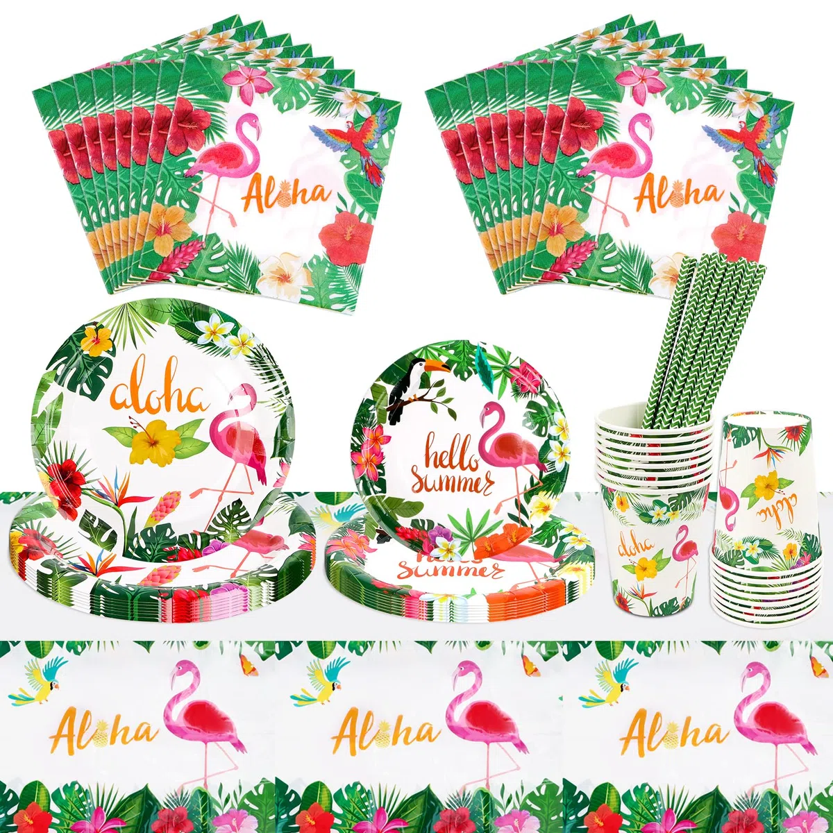 Aloha - Juego de 81 vajilla de fiesta hawaiana, decoración de cumpleaños, platos y vasos de cartón, toallas, diseño de verano, decoración para niños y niñas