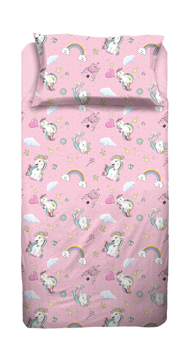 hermet Jolly - Juego de sábanas para Cama Individual con diseño de Unicornio, 100% algodón, sábana encimera + sábana Bajera + Funda de Almohada, Color Rosa