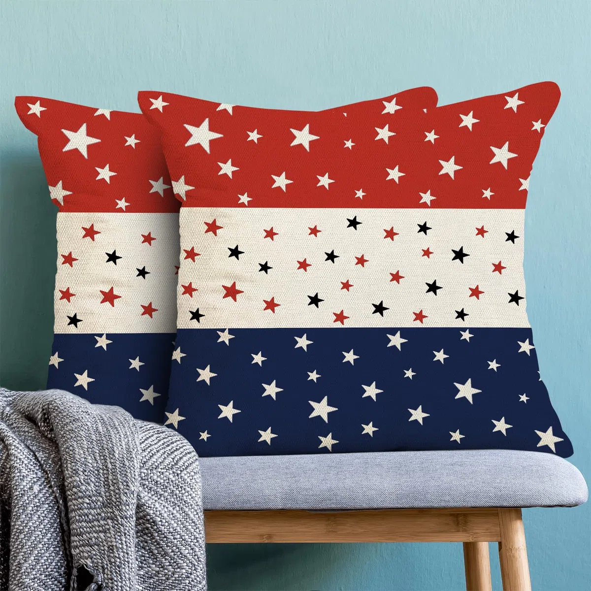 Fundas de almohada del 4 de julio, 18 x 18 pulgadas, paquete de 2 fundas de almohada de rayas y estrellas del Día de la Independencia, decoración de verano, funda de almohada patriótica para el