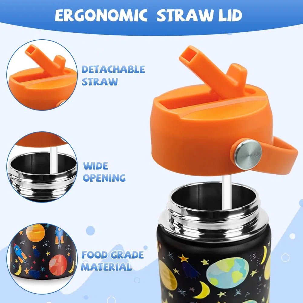 Botella de Agua para Niños de Acero Inoxidable 350ml, Botella de Agua Aislada, Botella Termica con Pajita, Reutilizable, Sin BPA, Sin Fugas, Asa de Transporte（Modelo Espacial）