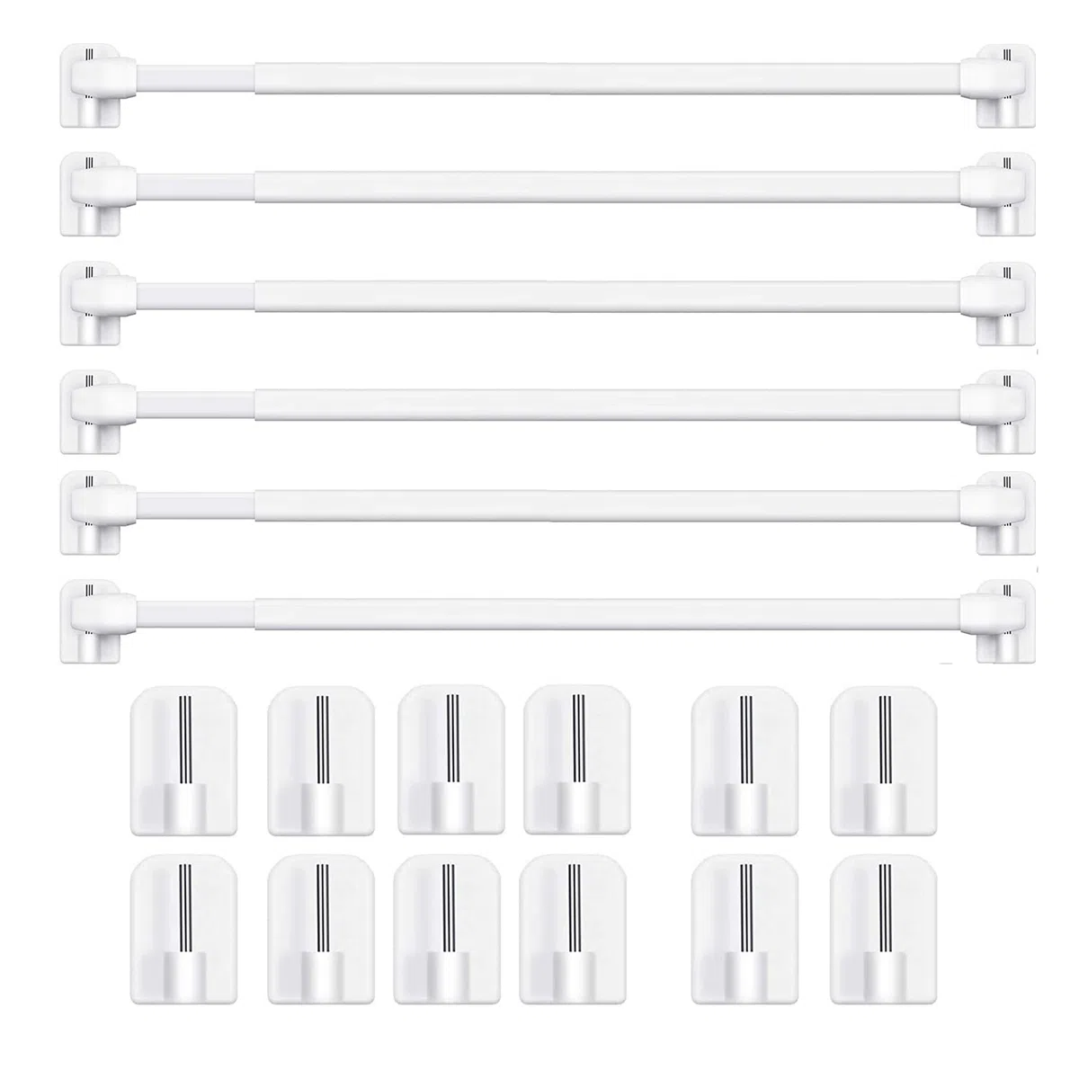 6 Barras de cortina de plástico extensibles y ajustables – Sin taladrar, para ventanas y armarios – Barras de tensión con ganchos adhesivos potentes (6 unidades S-40-70 cm)