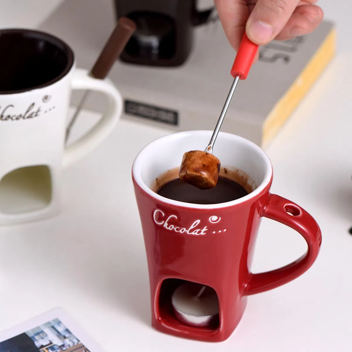 Taza para Fondue de Chocolate, Tazas de Fondue de Chocolate, Taza de Café de Cerámica para Fondue de Chocolate con Tenedores, Tazas para Derretir Mantequilla de Queso y Chocolate con vela (Red)
