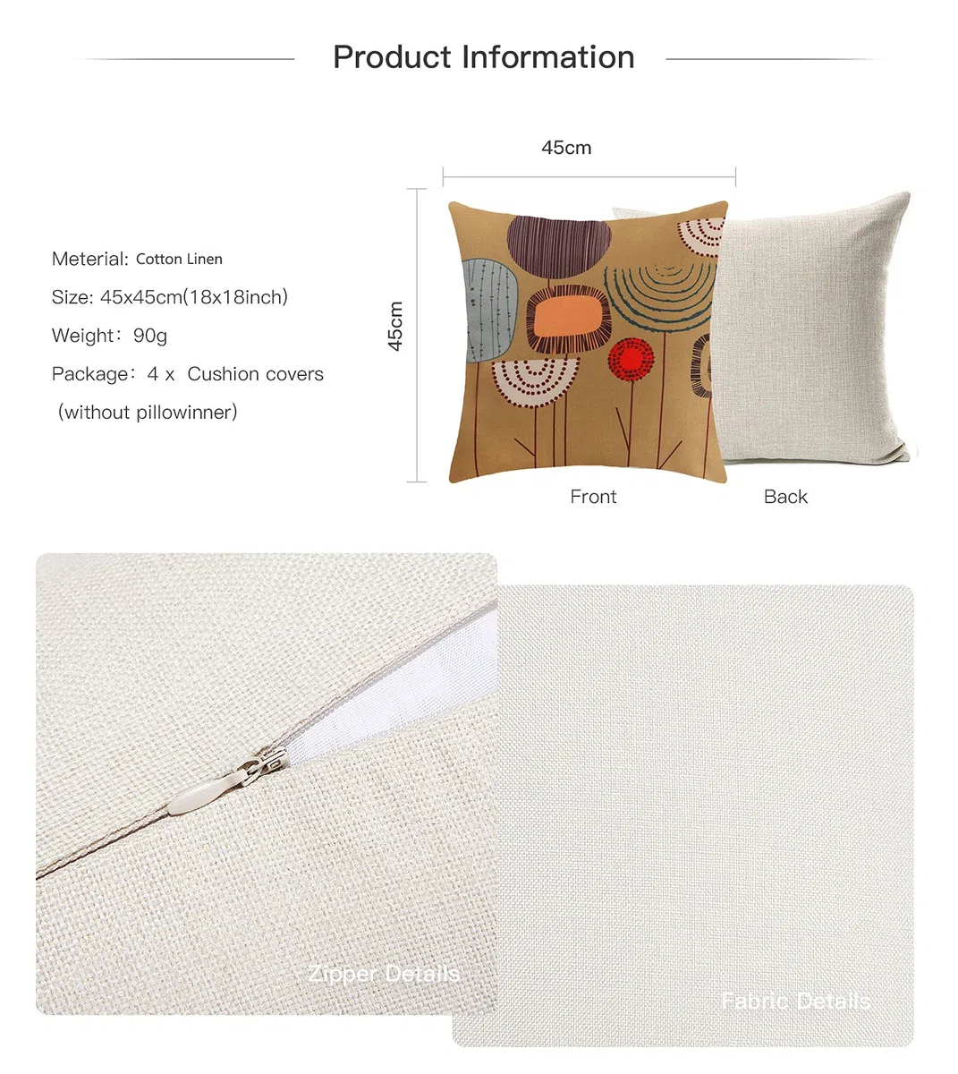 Fundas Cojines 45x45 cm, Fundas de Cojines Modernas Juego de 4 Funda de Almohada Elegantes Decorativa para Sofá Coche Cama Sillas (Floral-Lino Algodón)
