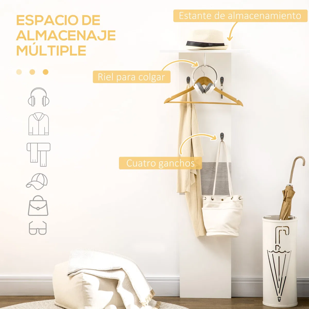 HOMCOM Perchero de Pared con 4 Ganchos Estante de Pared de Almacenamiento con Barra Colgante de Aluminio para Entrada Dormitorio Pasillo 50x23,5x160 cm Blanco