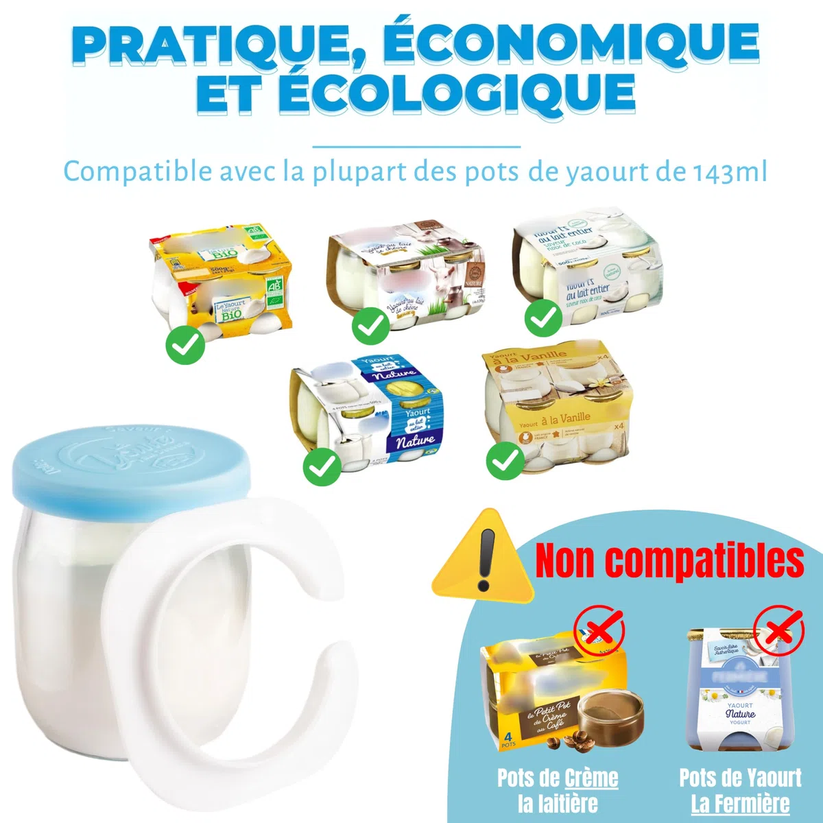 12 adaptadores para compatibilizar Sus tarros de Yogur de Cristal con la yogurtera SEB MULTIDELICES + 18 Tapas herméticas | Fieltro Gratuito