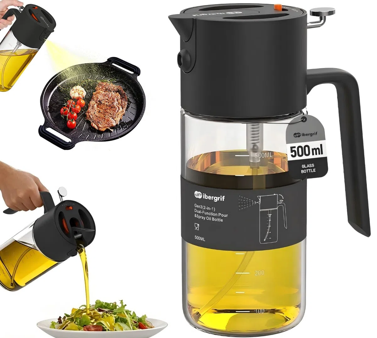 Ibergrif 2 en 1 Pulverizador de aceite 500ml – Rociador de aceite con Escala, Altura 202mm, Aceitera spray de Vidrio de borosilicato, Antigoteo para Freidora de aire, Barbacoa, Ensaladas, Negro, M530B