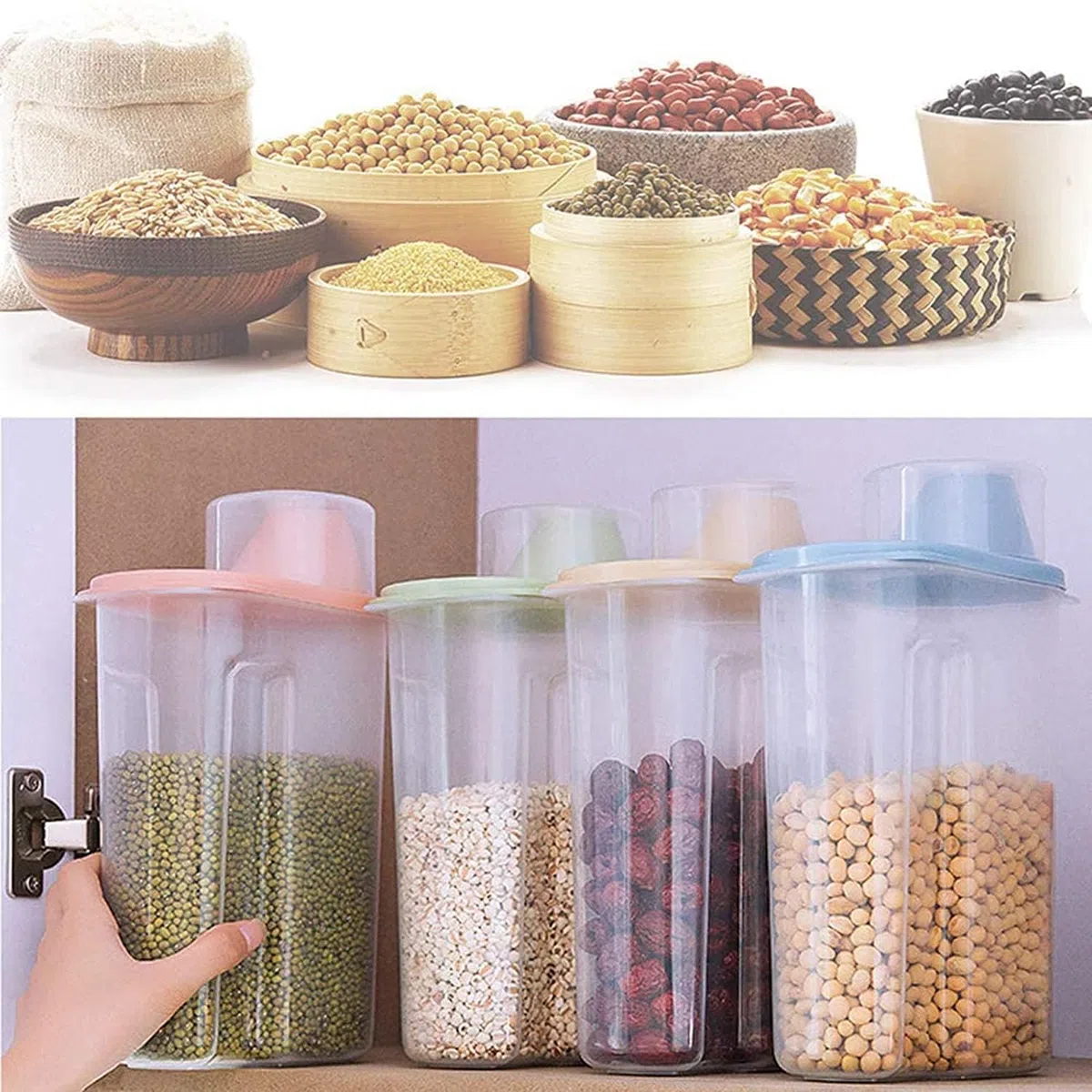4 Piezas 1,9 L Tanque Almacenamiento Alimentos Secos con Medidora Caja, Envases Cereales Plástico, Almacenamiento Alimentos, Se Utiliza para Alimentos Secos, Cereales, Harina, Café