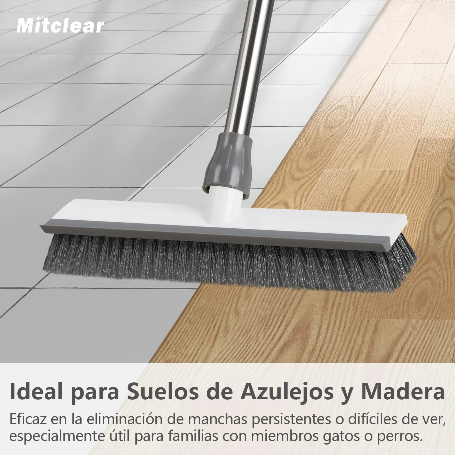 Mitclear Cepillo de Limpieza de Suelo con Mango Largo(128cm), 2-en-1 Escobilla de Cerdas Rígidas con Escobilla de Goma para Limpiar Azulejos, Pavimento in Legno, Cocina, Baño, Terraza, Patio, Garaje