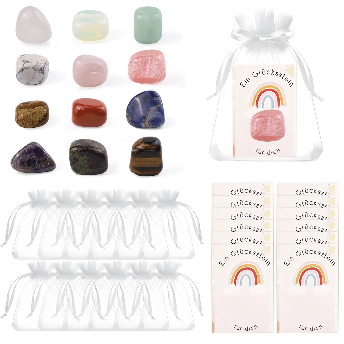 12 x Piedras de duende, piedras preciosas coloridas para niños, con tarjeta de felicitación y bolsa de organza, calendario de adviento de piedras preciosas, piedras de la suerte para niños y adultos