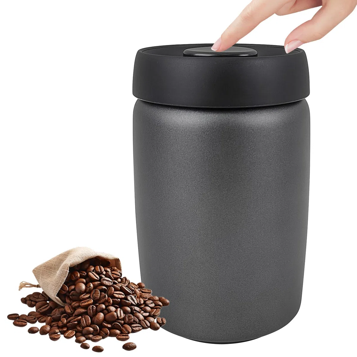 Bote para Café, Tarro de 1.2L Hermético de Acero Inoxidable con tapa de vacío, Vacío con un solo botón para conservar la frescura, para Almacenar Granos de Café, Té, Nueces, Cacao, etc