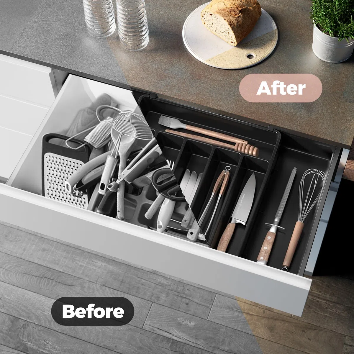 HIYAA Bandeja de utensilios extensible para cajón, organizador de cajones para cocina, soporte de almacenamiento de plástico para cubiertos, cucharas, tenedores, etc,negro