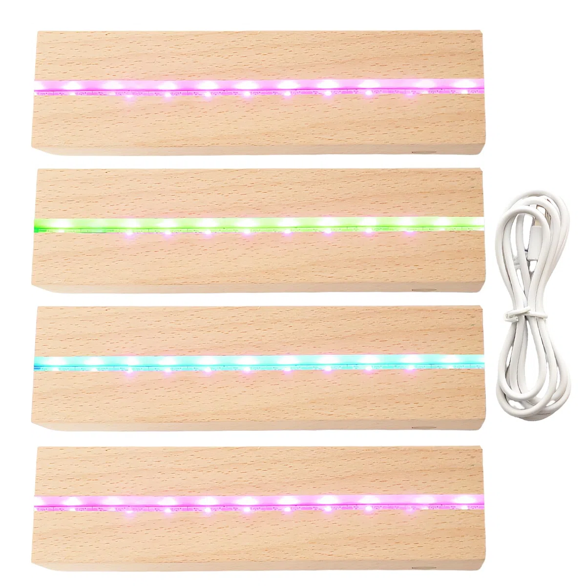 4 piezas de base de exhibición de luces LED: base de iluminación de madera rectangular multicolor, soporte de luces LED de escritorio USB para placa de acrílico de 5 mm de grosor, placa de