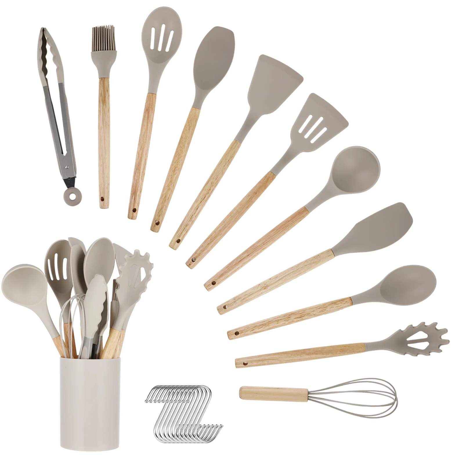 Juego de Utensilios de Cocina - Set de 12 Piezas de Silicona con Caja de Cubiertos y Mango de Madera - Resistente al Calor, Antiadherente y Apto para Lavavajillas - Utensilios de Cocina (Caqui)
