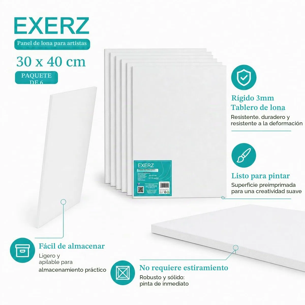 EXERZ 30x40cm Paneles de Lienzos 6 piezas - 0,3cm de Espesor / A3 Lienzos 280GSM / 100% Algodón - Color Blanco/Triple Preparado/Libre de Acido/Hebra Media / - acrílicos & óleo