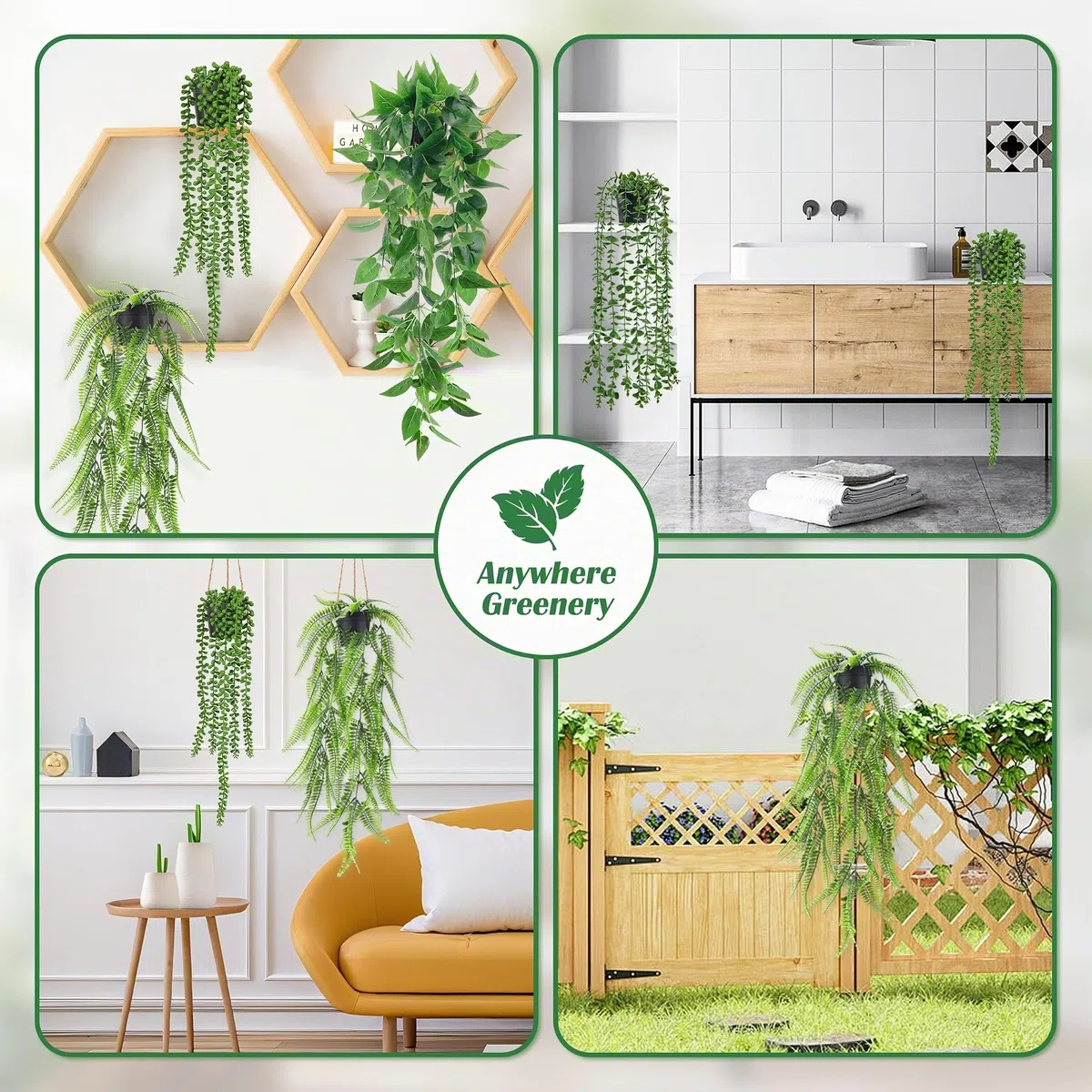 Der Rose 4 piezas de plantas artificiales colgantes, vid de hiedra falsa, eucalipto artificial, helecho Boston, cadena de perlas para la estética de la sala de estar, dormitorio, cocina, decoración de
