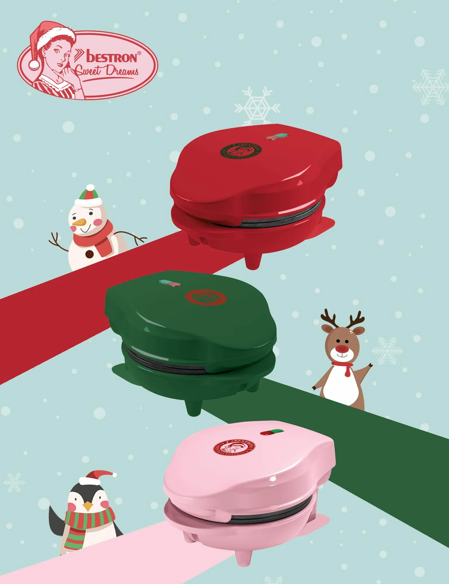 Bestron Mini Gofrera, Christmas Edition, Edición Limitada, Waffle Maker con revestimiento antiadherente, ideal para Navidad, fiestas o como regalo, tamaño del waffle: 10 cm, Color: verde mate