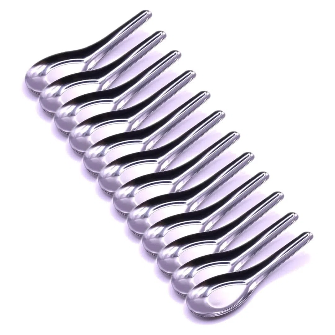 Cucharas asiáticas de acero inoxidable Tailandia SUN'Z, 12 unidades, cucharas chinas, cucharas de mesa, cubiertos asiáticos, cucharas de viaje